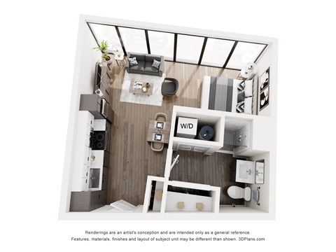 A 3D floor plan of a small apartment with a kitchen, living room, and bathroom.